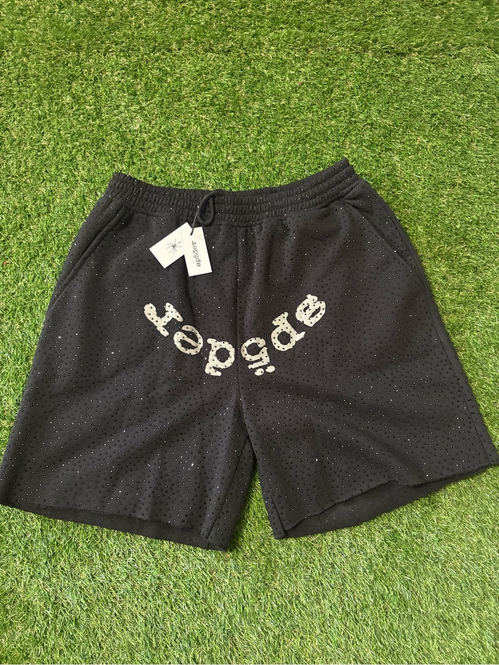Men's Black Athletic Mesh Shorts with Curved Front Print